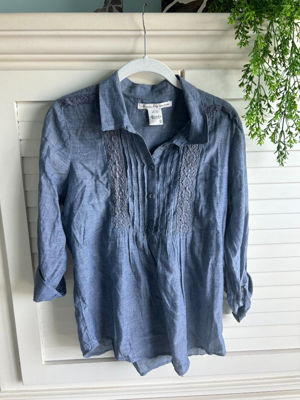 American Rag Blue Long Sleeve Blouse with Lace Detail and Button Front